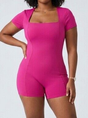 Vilanua Womens Fuschia Squareneck Cap Sleeve Fitted Bodysuit Size Large